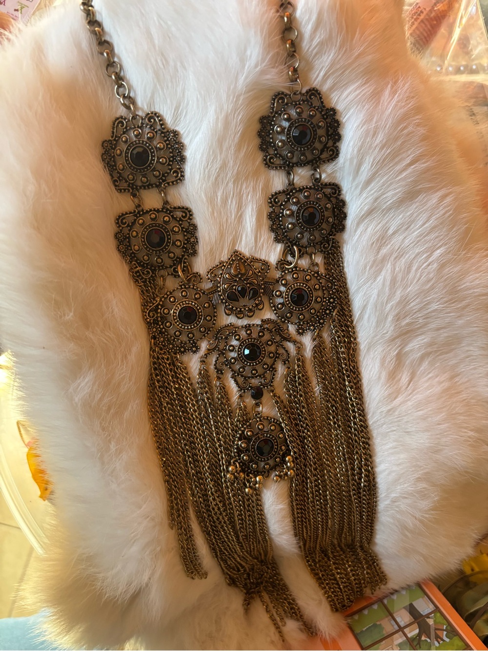 Bohemian Antique Gold Tone Fringe Statement Necklace - Unbranded